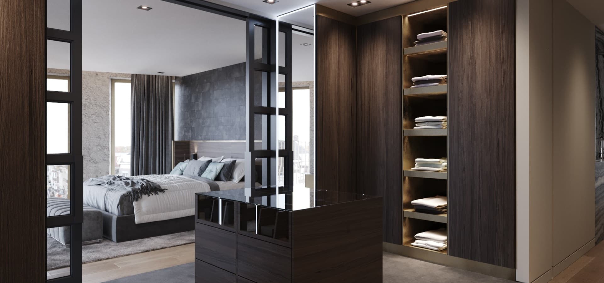 Master bedroom met een dressing in donker eiken, met open vakken en ensuite-deuren naar de slaapkamer